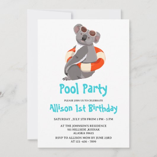 Invitation Amusant & Cute Koala Nage Anniversaire (Devant)