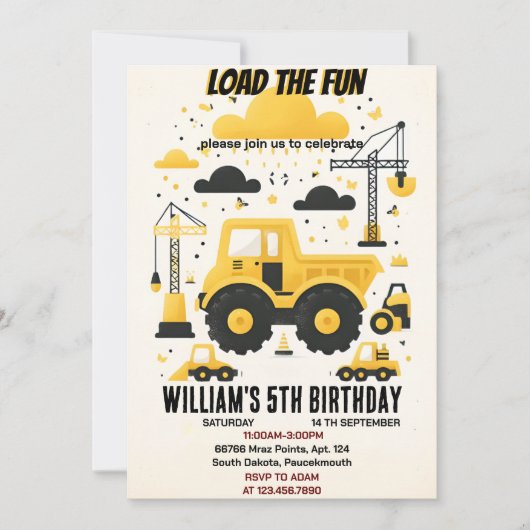 Invitation amusant enfants Camions de construction simples 5e (Devant)
