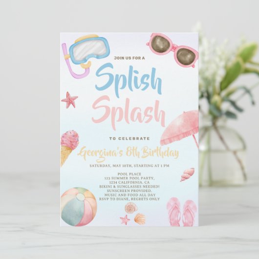 Invitation Amusant été Splish Splash Girl Anniversaire (Debout devant)