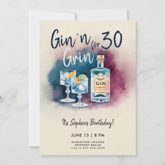 Invitation Amusant Gin n Grin Party Stripe moderne 30e annive (Devant)