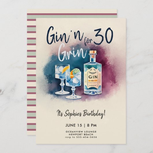 Invitation Amusant Gin n Grin Party Stripe moderne 30e annive (Devant / Derrière)