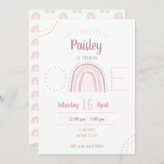 Invitation Amusant moderne Boho rose arc-en-ciel premier anni (Devant / Derrière)