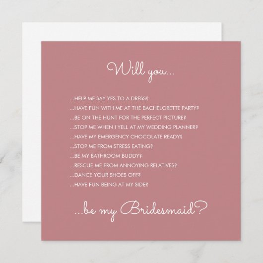 Invitation Amusant moderne Dusty Rose Script Bridesmaid Propo (Devant / Derrière)