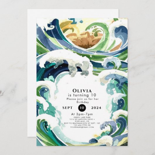 Invitation Amusant Simple Blue Ocean Waves Anniversaire (Devant / Derrière)