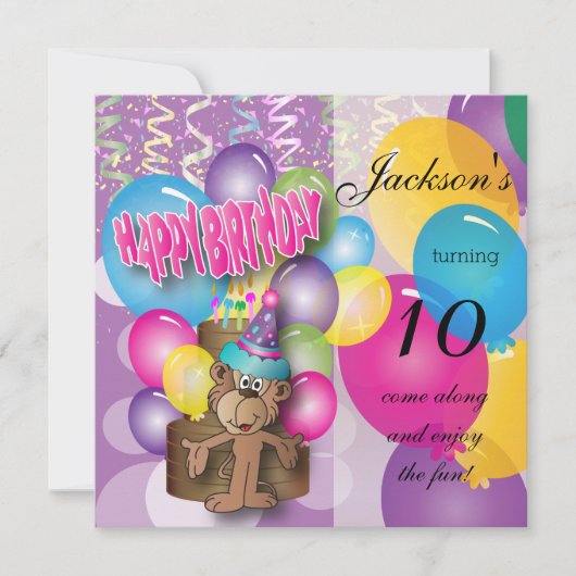 Invitation Amusant singe violet fête d'anniversaire (Devant)