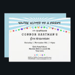 Invitation Amusant Star Sun Rays Enfants N'importe quel âge A<br><div class="desc">Motif de rayon de soleil bleu avec garniture étoilée multicolore et séparateur de texte. Ajoutez le nom de la fille ou du garçon d'anniversaire et leur âge. Espace suffisant pour ajouter une 4ème ligne à l'emplacement de l'événement si nécessaire. Simple,  mais captivant. Voir plus sur Zigglets ici à Zazzle.</div>