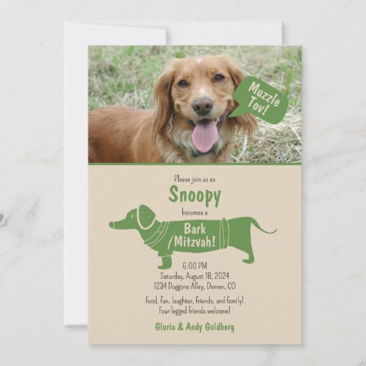 Invitation Amusant Vert Tan Pet Chien Muzzle Tov Bark Mitzvah (Devant)