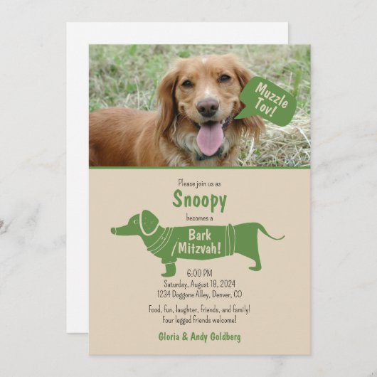 Invitation Amusant Vert Tan Pet Chien Muzzle Tov Bark Mitzvah (Devant / Derrière)