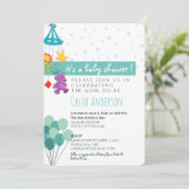 Invitation amusante sarcelle et violet pour une ba (Debout devant)