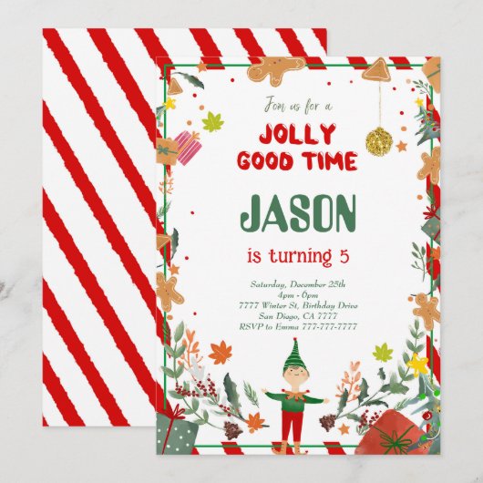 Invitation Amusante Soirée d'Anniversaire Vert & Rouge Elfe (Devant / Derrière)