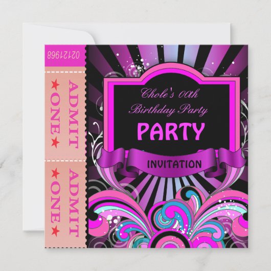 Invitation Amusants Anniversaire Filles Tickets Hot Pink (Devant)