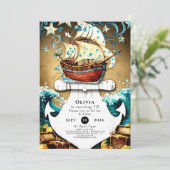 Invitation Amusants Aquarelle Trésor Pirate Anniversaire (Debout devant)
