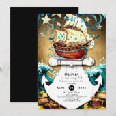 Invitation Amusants Aquarelle Trésor Pirate Anniversaire (Devant / Derrière)