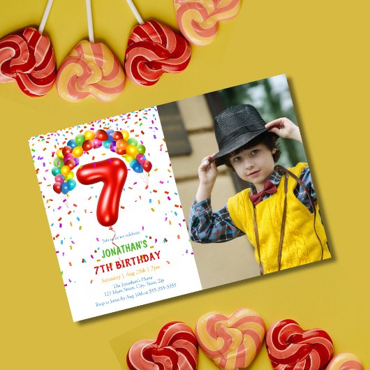 Invitation Amusants Bright Confetti Balloons Photo 7e anniver