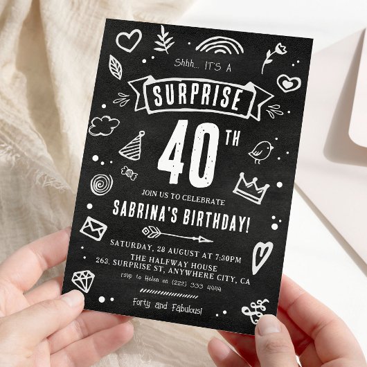 Invitation Amusants Chalkboard Doodle Surprise 40e anniversai