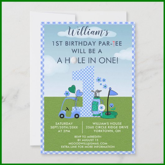 Invitation Amusants Golf Blue 1er Anniversaire Par Tee