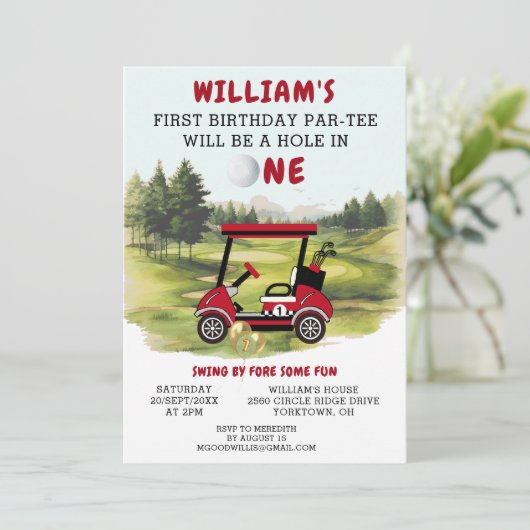 Invitation Amusants Golf Panier Rouge Garçon 1er Anniversaire (Debout devant)