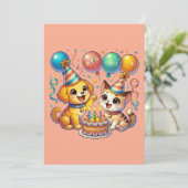Invitation Amusants & mignonette Anniversaire Puppy & Kitten (Debout devant)