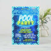 Invitation Amusants Neon Glow Blue Green Pool Party Boys Anni (Debout devant)