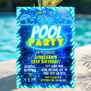 Invitation Amusants Neon Glow Blue Green Pool Party Boys Anni