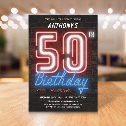 Invitation Amusants Neon Retro Surprise 50e anniversaire