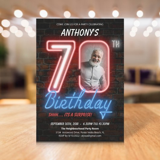Invitation Amusants Neon Retro Surprise 70e anniversaire