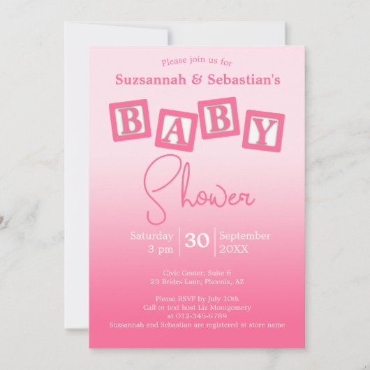 Invitation Amusants Pink Ombre BABY Girl Blocks Shower Invita (Devant)