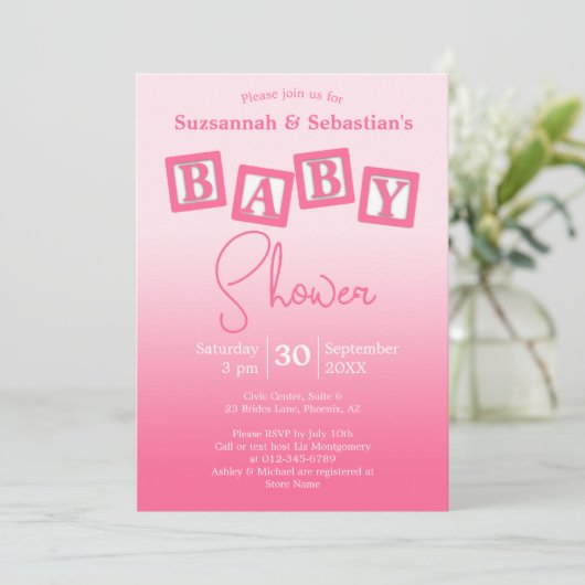 Invitation Amusants Pink Ombre BABY Girl Blocks Shower Invita (Debout devant)