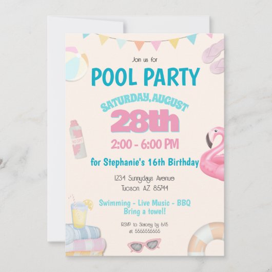 Invitation Amusants Piscine d'été Anniversaire Fête Invitatio (Devant)