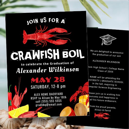 Invitation Amusants Red Black Crawfish Bouille Graduation BBQ