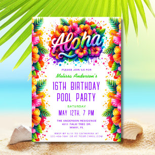 Invitation Amusants Tropical Aloha Anniversaire Piscine Vert