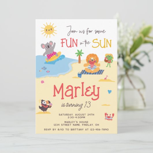 Invitation Amusement dans Sun Beach Animal Anniversaire Fête (Debout devant)