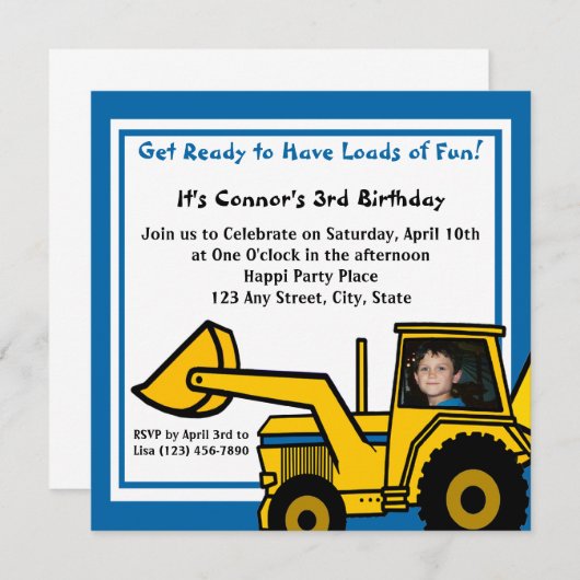 Invitation Amusement de construction / Backhoe (Devant / Derrière)