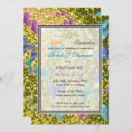 Invitation Amusement d'été, joyeux papillon glittering gradua (Devant / Derrière)