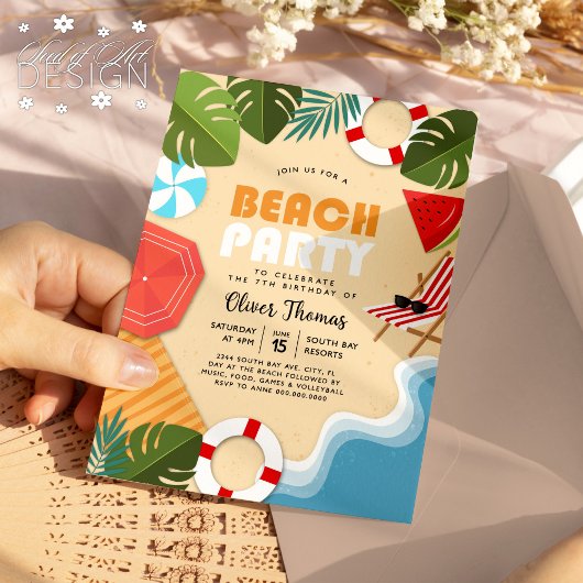 Invitation Amusement Ocean Sandy Leaf Beach Party été Anniver