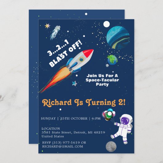 Invitation Amusez-vous avec l'astronaute spatial Tacular Fête (Devant / Derrière)