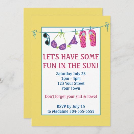 Invitation Amusez-Vous Dans Le Soleil Pool Fête Anniversaire (Devant / Derrière)