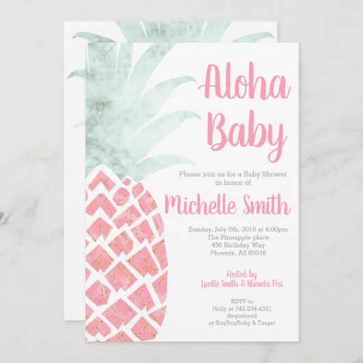 Invitation Ananas Aloha Baby shower de fruits tropicaux d'été (Devant / Derrière)