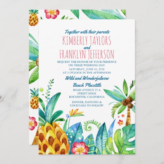 Invitation ananas beach palmiers tropical mariage (Devant / Derrière)