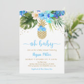 Invitation Ananas Blue Gold Floral Oh Baby shower (Debout devant)