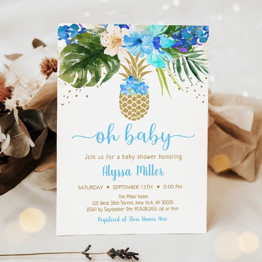 Invitation Ananas Blue Gold Floral Oh Baby shower
