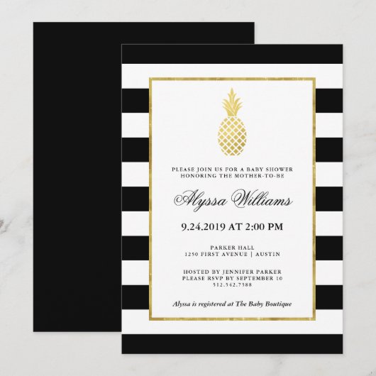 Invitation Ananas doré rayé Baby shower tropical (Devant / Derrière)