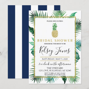 Invitation Ananas feuille tropicale rayure marine et blanche