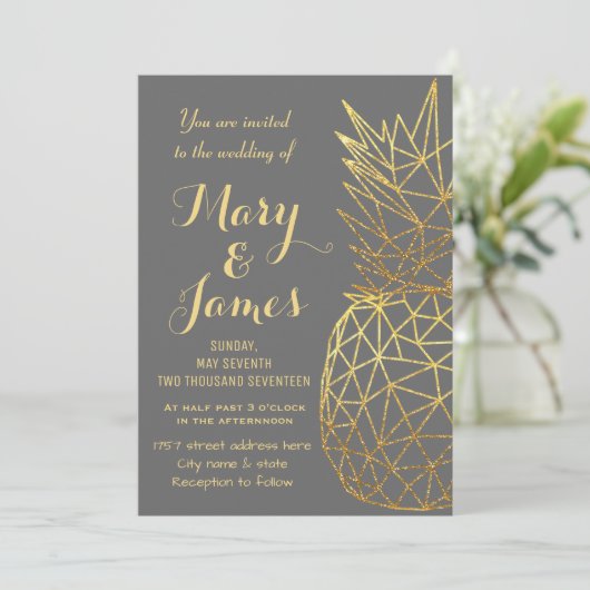 Invitation Ananas géométrique en or moderne design mariage (Debout devant)