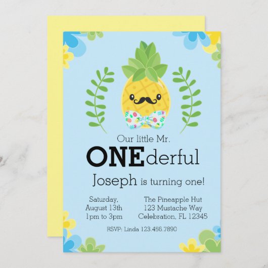 Invitation Ananas M. Onederful Premier anniversaire (Devant / Derrière)