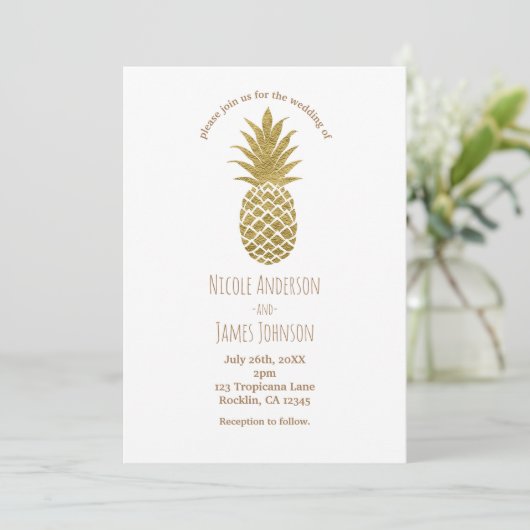 Invitation Ananas Or Blanc Moderne Chic Mariage Tropical (Debout devant)