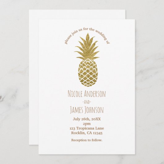 Invitation Ananas Or Blanc Moderne Chic Mariage Tropical (Devant / Derrière)