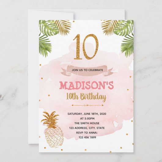 Invitation Ananas rose et or 10e anniversaire (Devant)