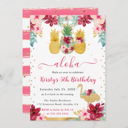Invitation Ananas rose et or et Anniversaire de enfant Flaman (Devant / Derrière)