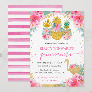 Invitation Ananas rose et or et Quinceanera Flamant rose